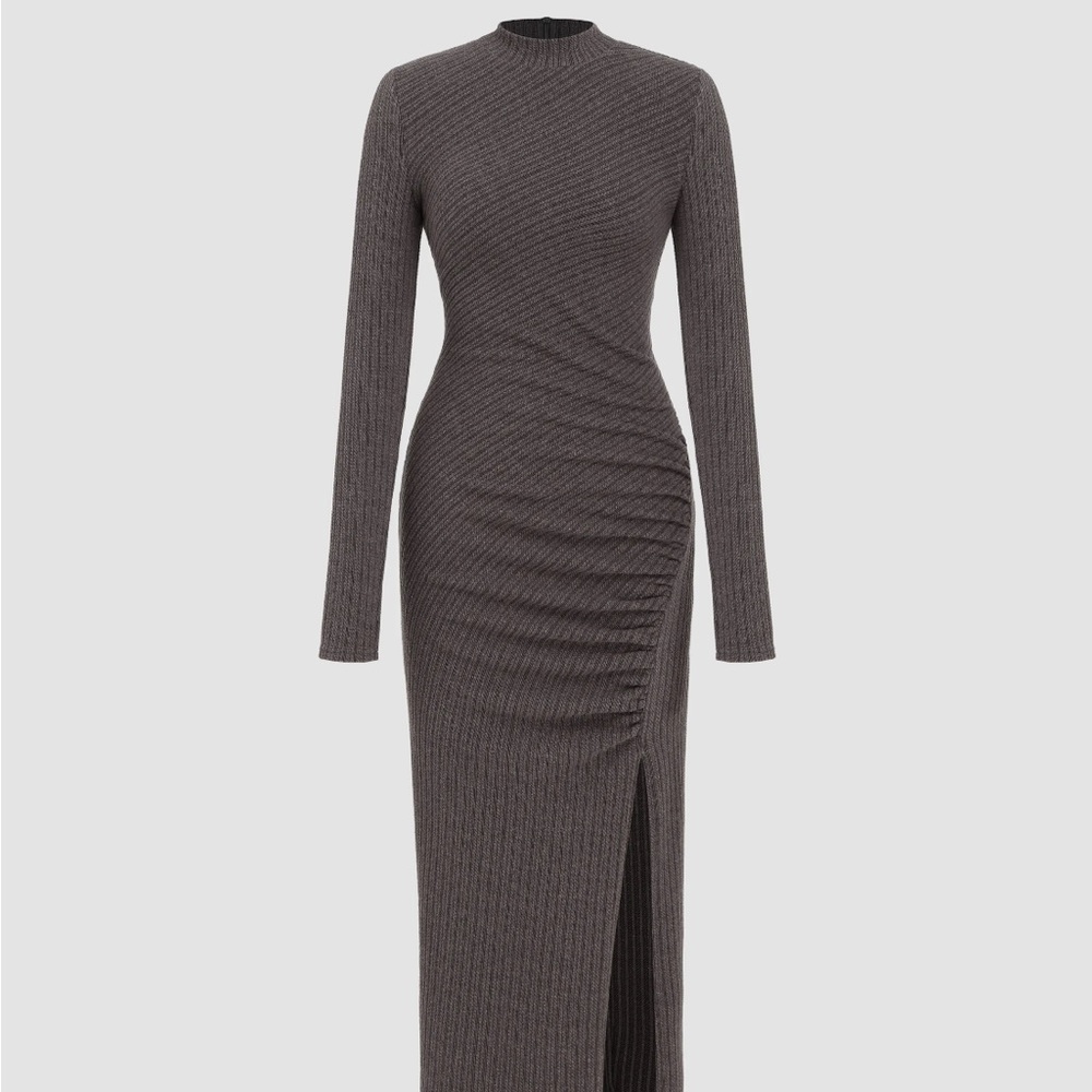 CIDER -  RIB KNIT STAND COLLAR
ASYMMETRICAL SPLIT MIDI SWEATER DRESS